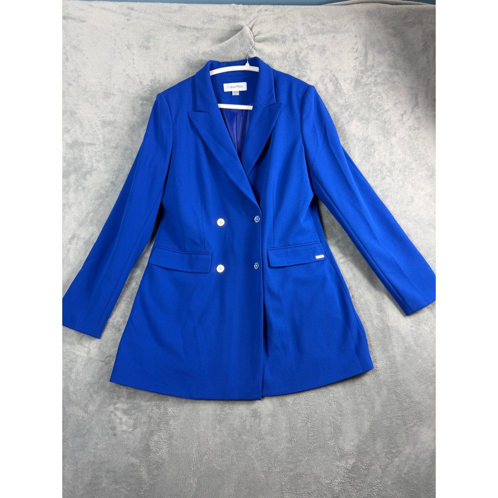 Calvin Klein Womens 14 Blue Blazer Double Breasted Longline Stretch Office Siren